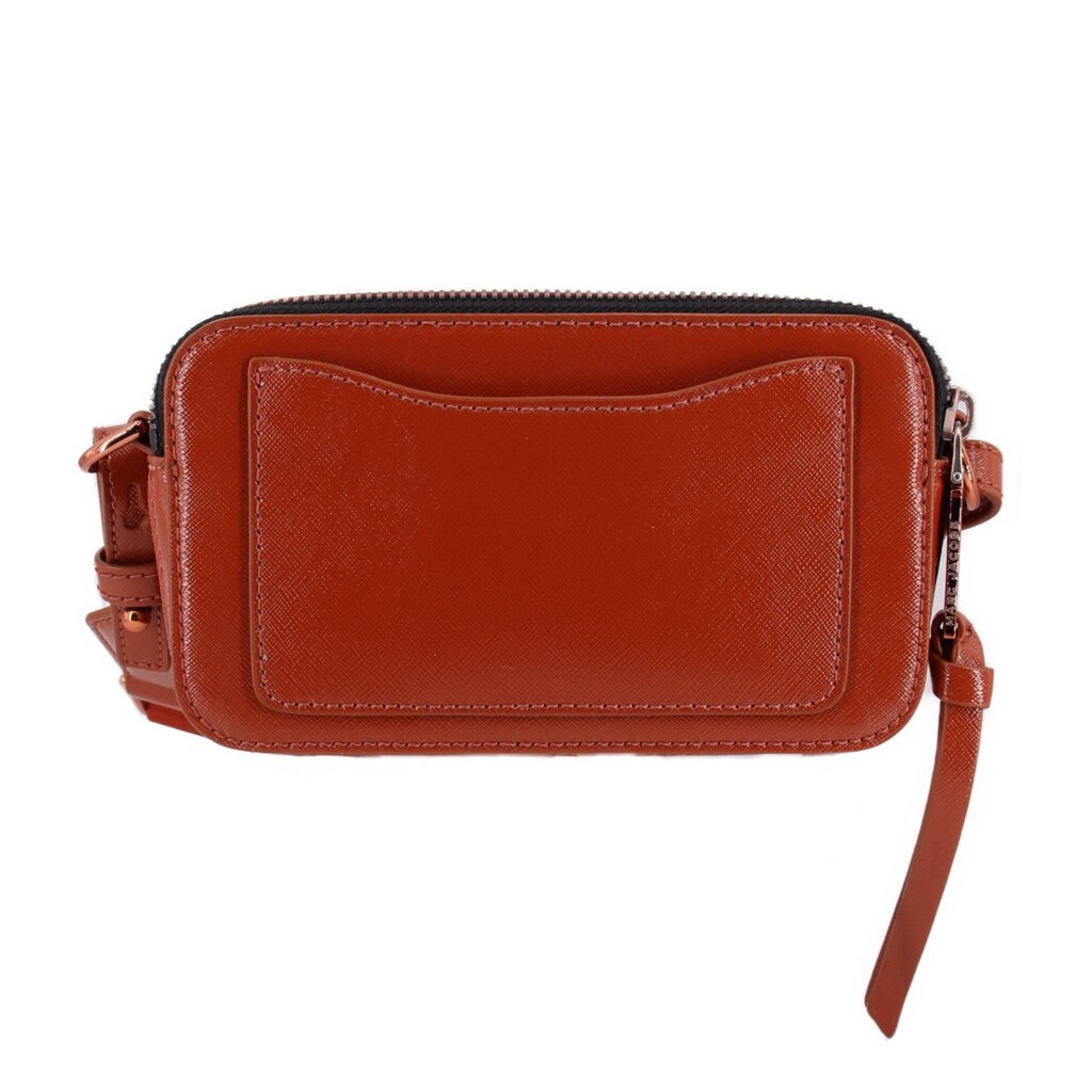 Rust leather snapshot camera bag back with rectangular patch and top zipper