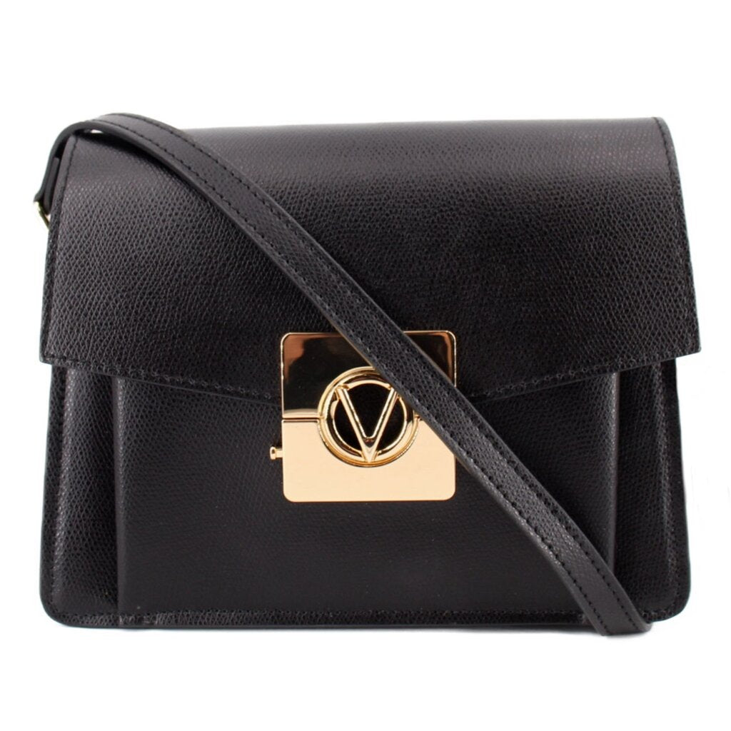 Black crossbody bag with flap and gold V logo clasp, adjustable shoulder strap