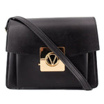 Black crossbody bag with flap and gold V logo clasp, adjustable shoulder strap