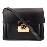 Black crossbody bag with flap and gold V logo clasp, adjustable shoulder strap