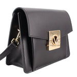 Black crossbody bag with flap closure and gold square logo clasp
