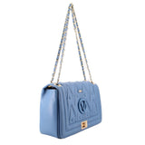 Blue shoulder bag with chain strap, geometric embossing, and front turnlock