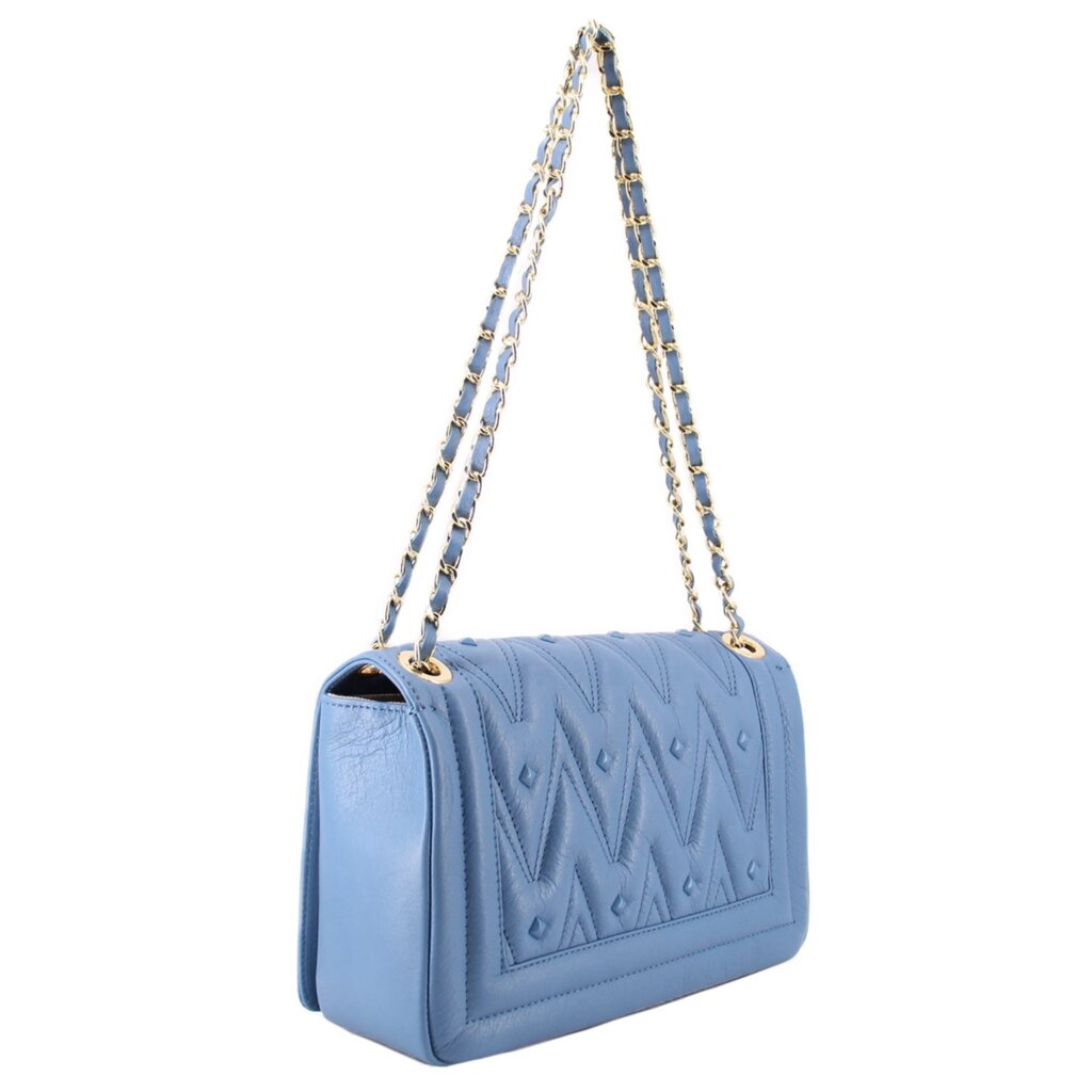 Blue shoulder bag side view with chain strap, embossed design, and turnlock