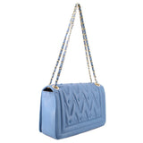 Blue shoulder bag side view with chain strap, embossed design, and turnlock
