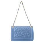 Blue flap shoulder bag with diamond pattern, gold-tone clasps, and chain strap