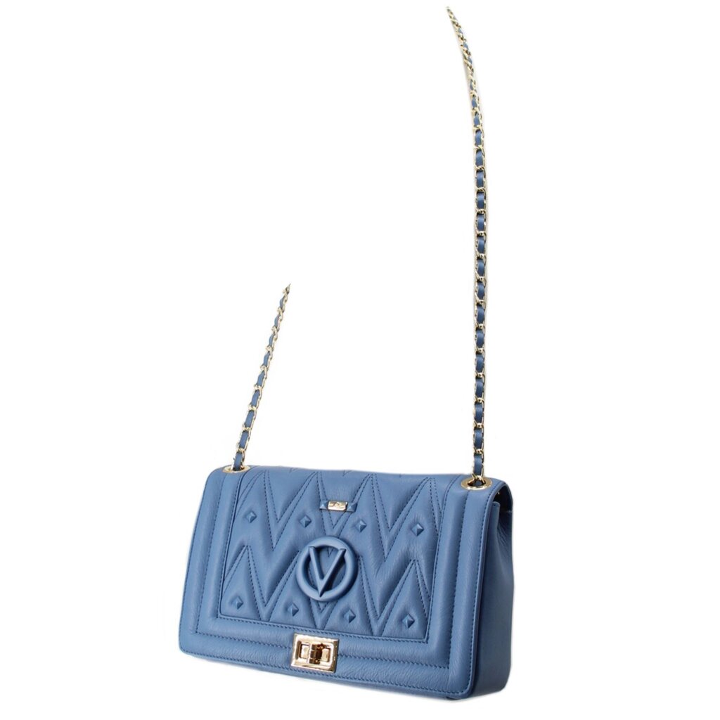 Blue small shoulder bag with chain strap, embossed logo panel, and turnlock