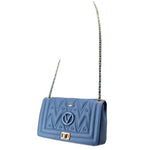 Blue small shoulder bag with chain strap, embossed logo panel, and turnlock