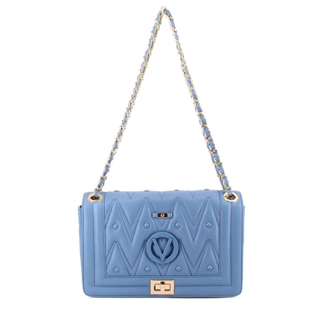 Blue diamond-embossed shoulder bag with chain strap and flap closure