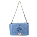 Blue diamond-embossed shoulder bag with chain strap and flap closure