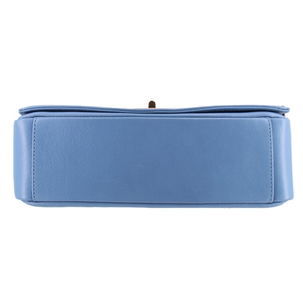 Blue leather shoulder bag with smooth back panel and small gold-tone hardware