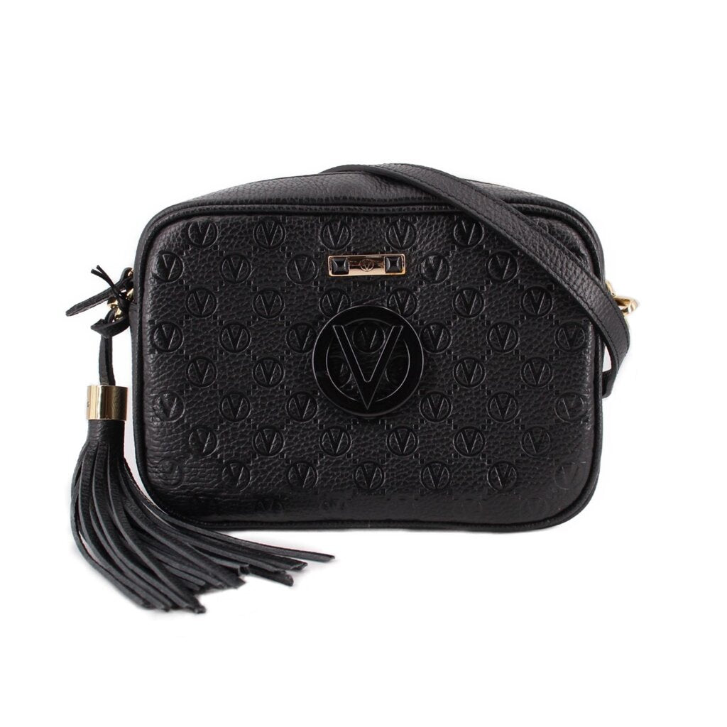Black monogram crossbody bag with V logo, top zipper, and tassel charm