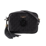 Black monogram crossbody bag with V logo, top zipper, and tassel charm