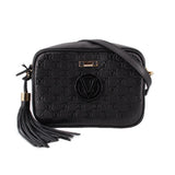 Black monogram crossbody bag with V logo, top zipper, and tassel charm