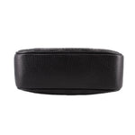 Black leather crossbody bag back view, smooth pebbled texture