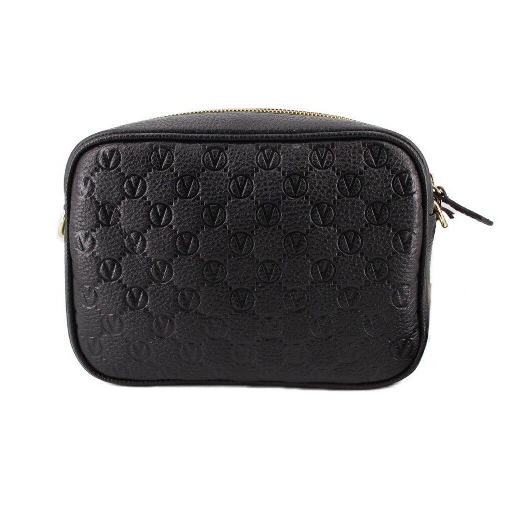 Black monogram crossbody bag with top zipper and gold-tone trim