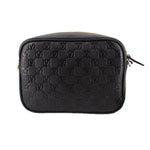 Black monogram crossbody bag with top zipper and gold-tone trim