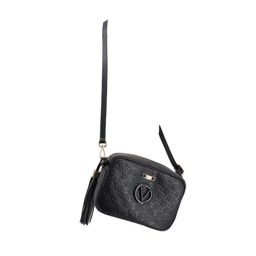 Small black monogram crossbody bag with crossbody strap, V logo, and tassel