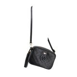 Small black monogram crossbody bag with crossbody strap, V logo, and tassel