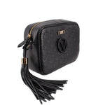 Black monogram crossbody bag with gold-tone hardware, fringe tassel, and side zipper