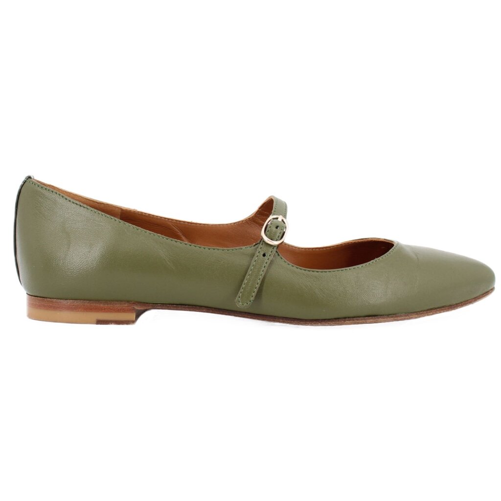 Side profile of a green leather flat with a low heel and adjustable buckle strap