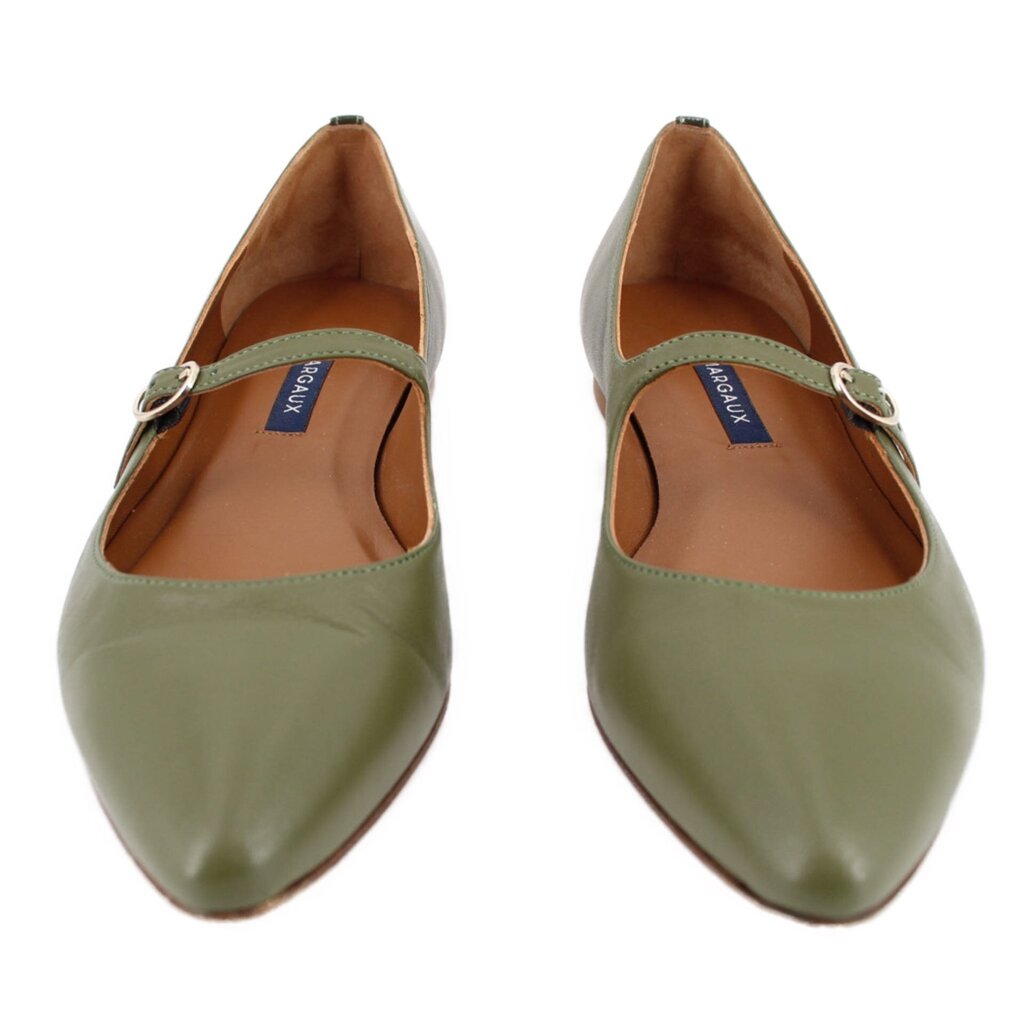 Pair of green pointed-toe leather flats with buckle straps and tan insoles
