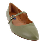 Green leather flat with a pointed toe and slim buckle strap across the instep