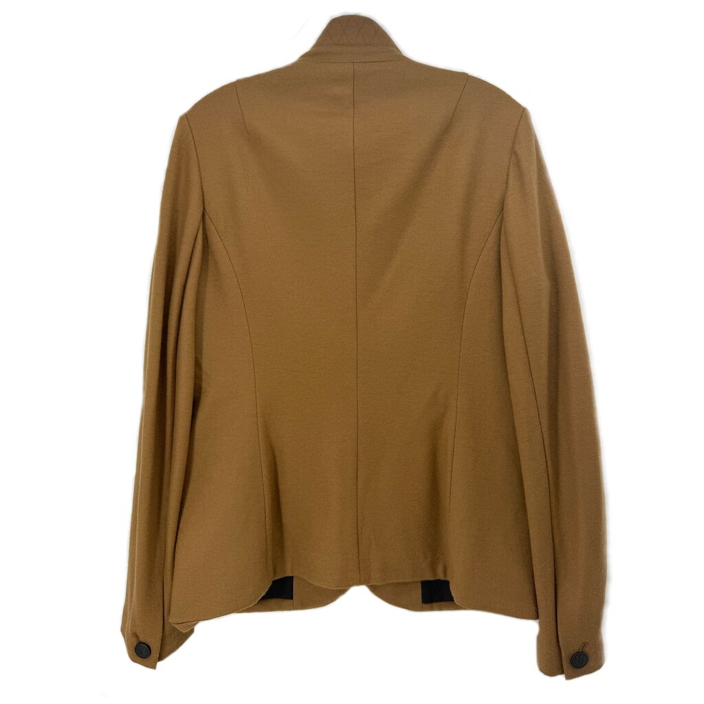 Back of the caramel wool jacket, with a stand collar and center seam