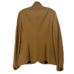 Back of the caramel wool jacket, with a stand collar and center seam