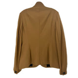 Back of the caramel wool jacket, with a stand collar and center seam