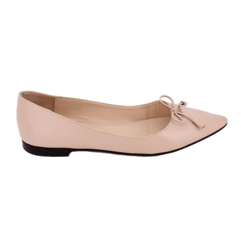 PRADA nude pointed-toe flat with bow, low heel, and textured leather