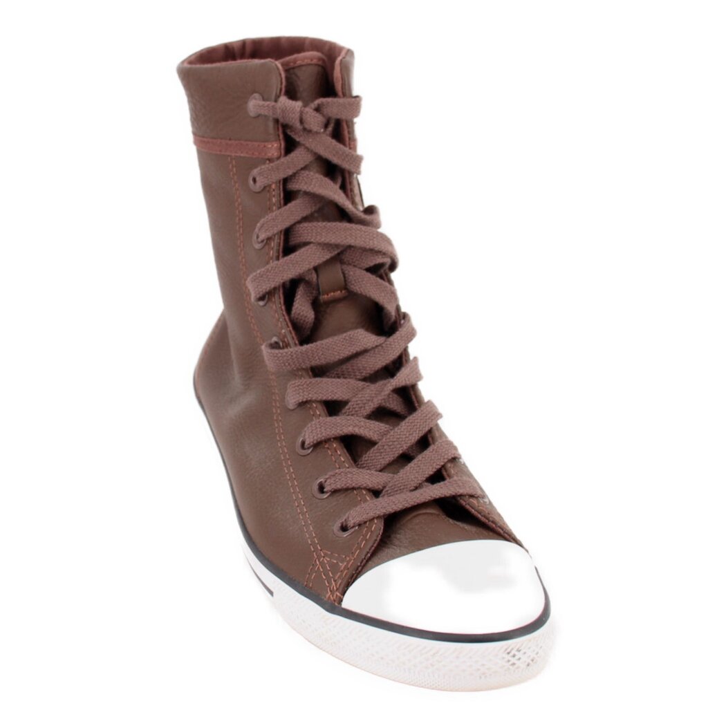 Brown Converse leather high-top sneaker with laces and white rubber toe cap