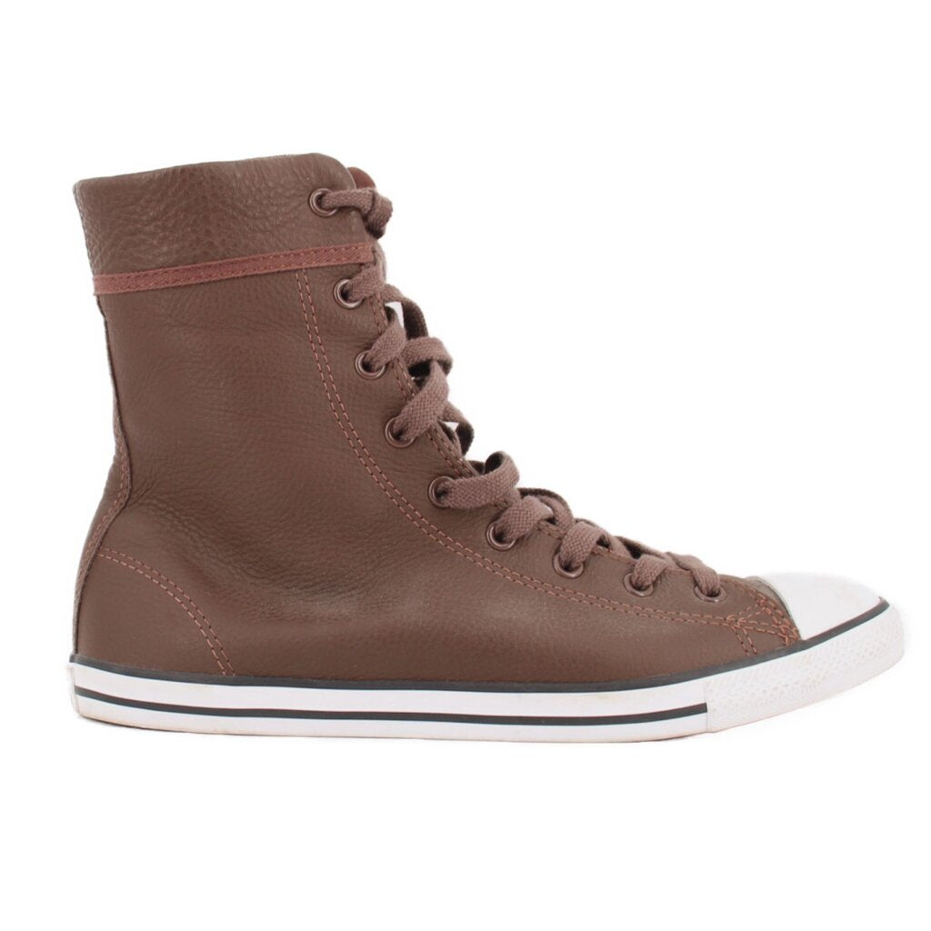 Side view of a brown Converse leather high-top sneaker with white rubber sole