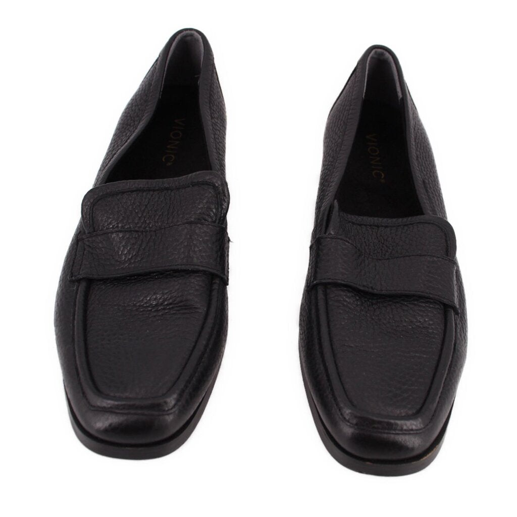 Pair of VIONIC black leather loafers viewed from the front