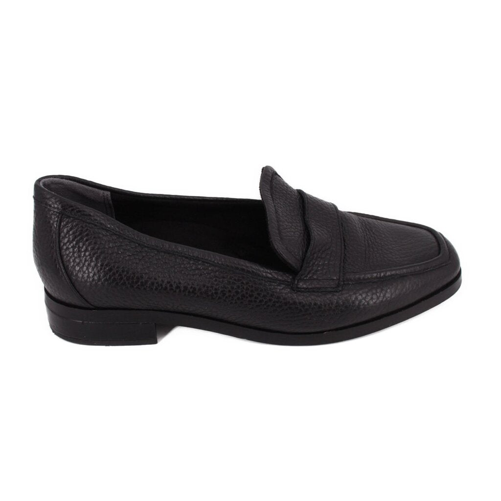 VIONIC black leather loafer shown in side profile with a low heel and penny strap