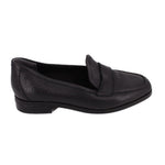 VIONIC black leather loafer shown in side profile with a low heel and penny strap