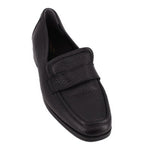VIONIC black leather loafer with a pebbled finish and penny strap, shown at an angle