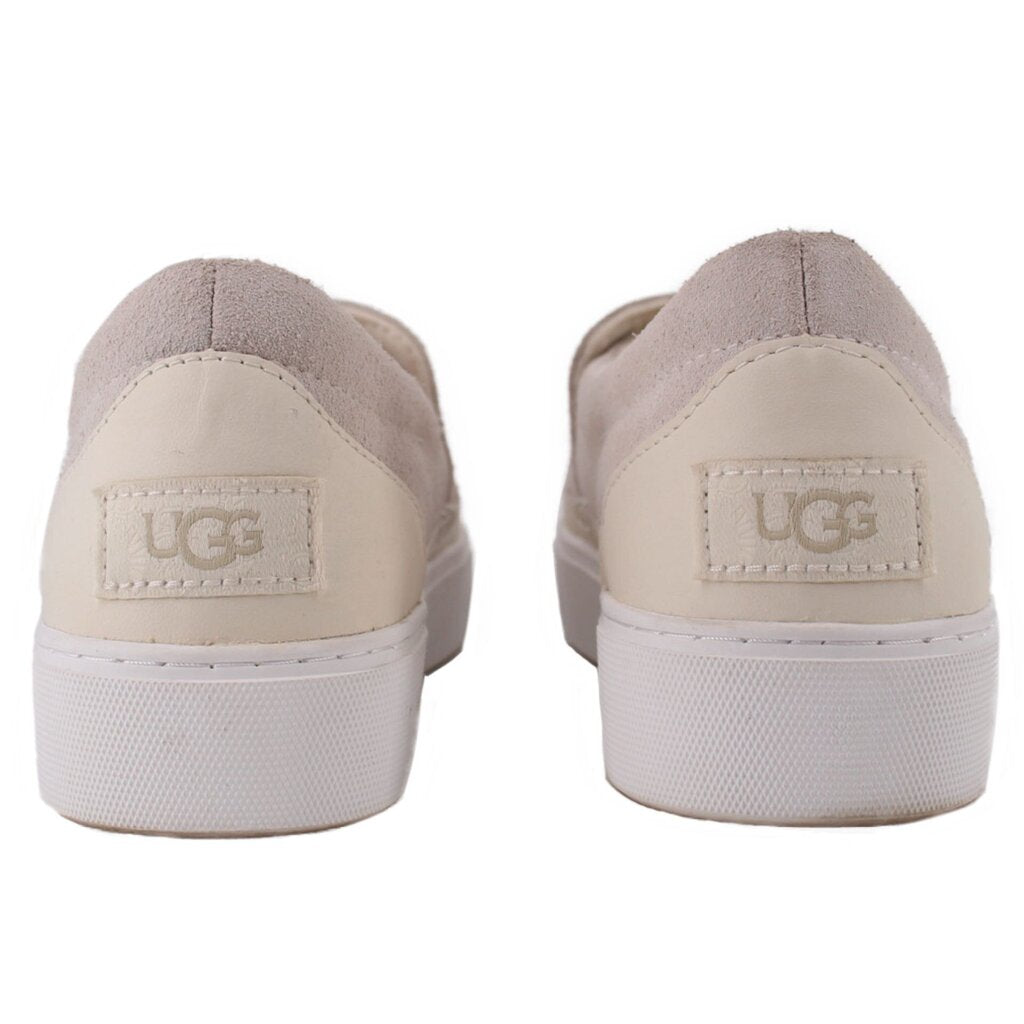UGG flats viewed from the back, showing cream heel panels and logo patches