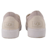 UGG flats viewed from the back, showing cream heel panels and logo patches