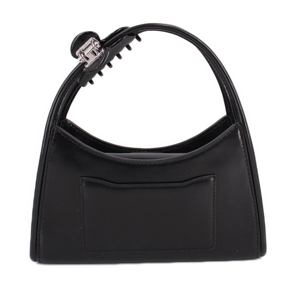 Black crossbody bag back with stitched patch pocket and claw clip handle