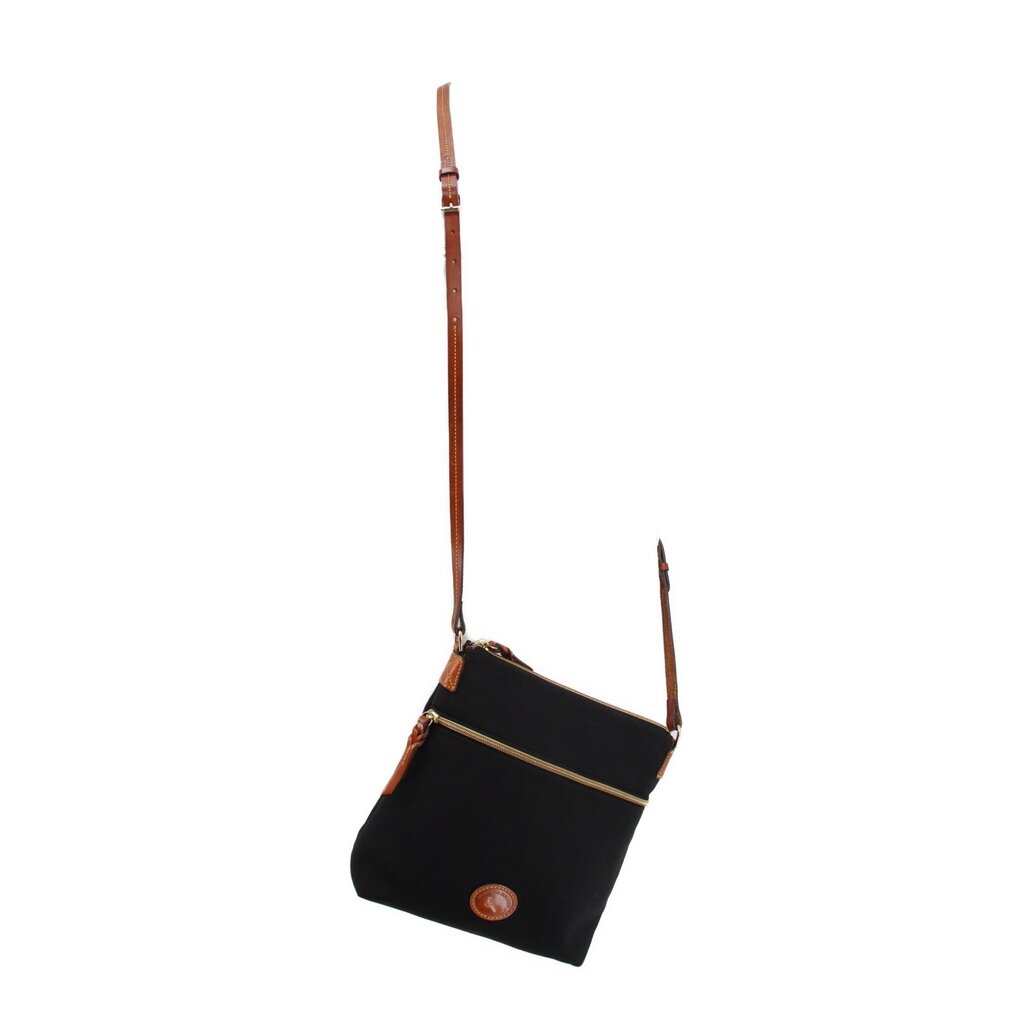 Dooney & Bourke black nylon crossbody bag with its long adjustable brown strap extended