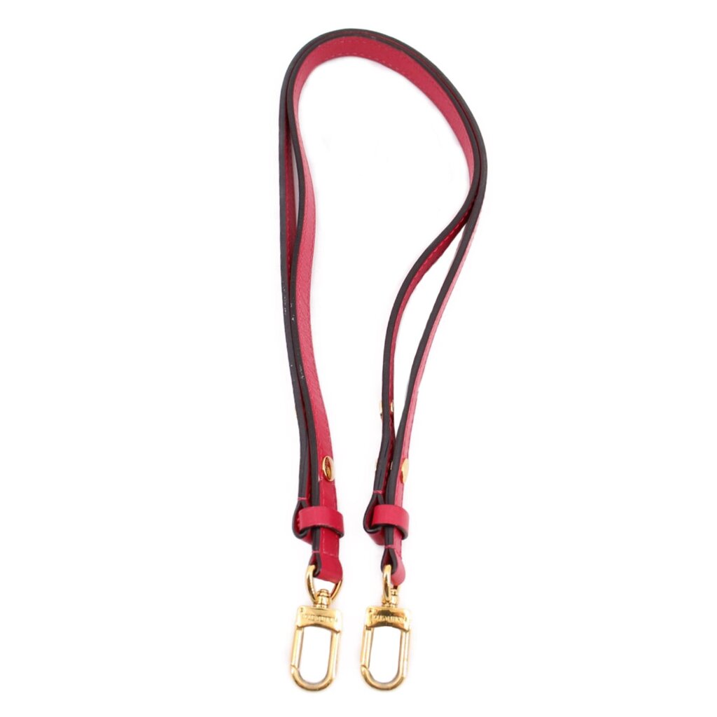 Red adjustable shoulder strap with gold-tone clips for Louis Vuitton bucket bag