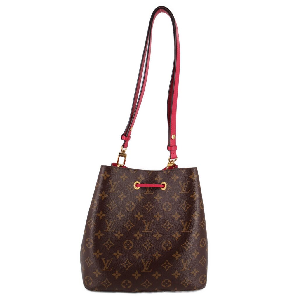 Louis Vuitton bucket bag back view with monogram canvas and red shoulder strap