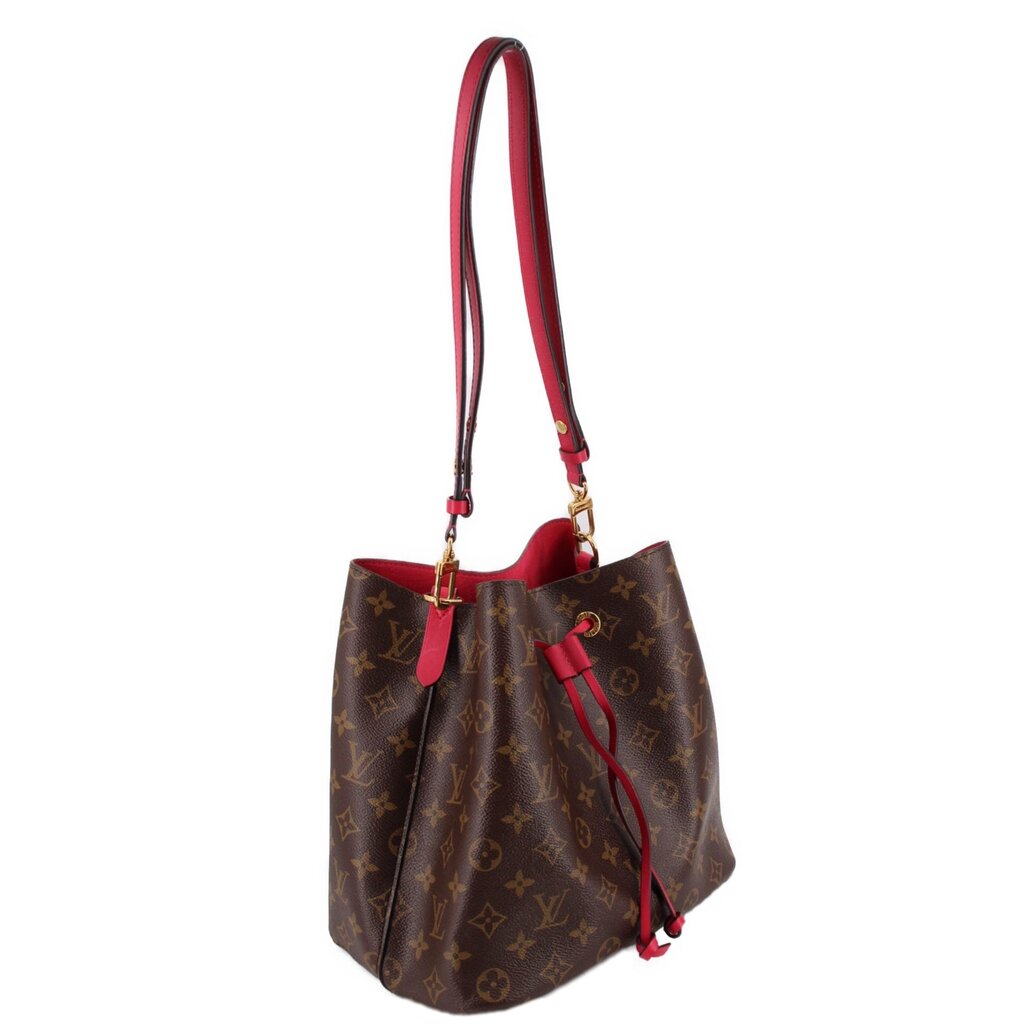 Louis Vuitton monogram bucket bag, angled view with red trim and gold-tone hardware