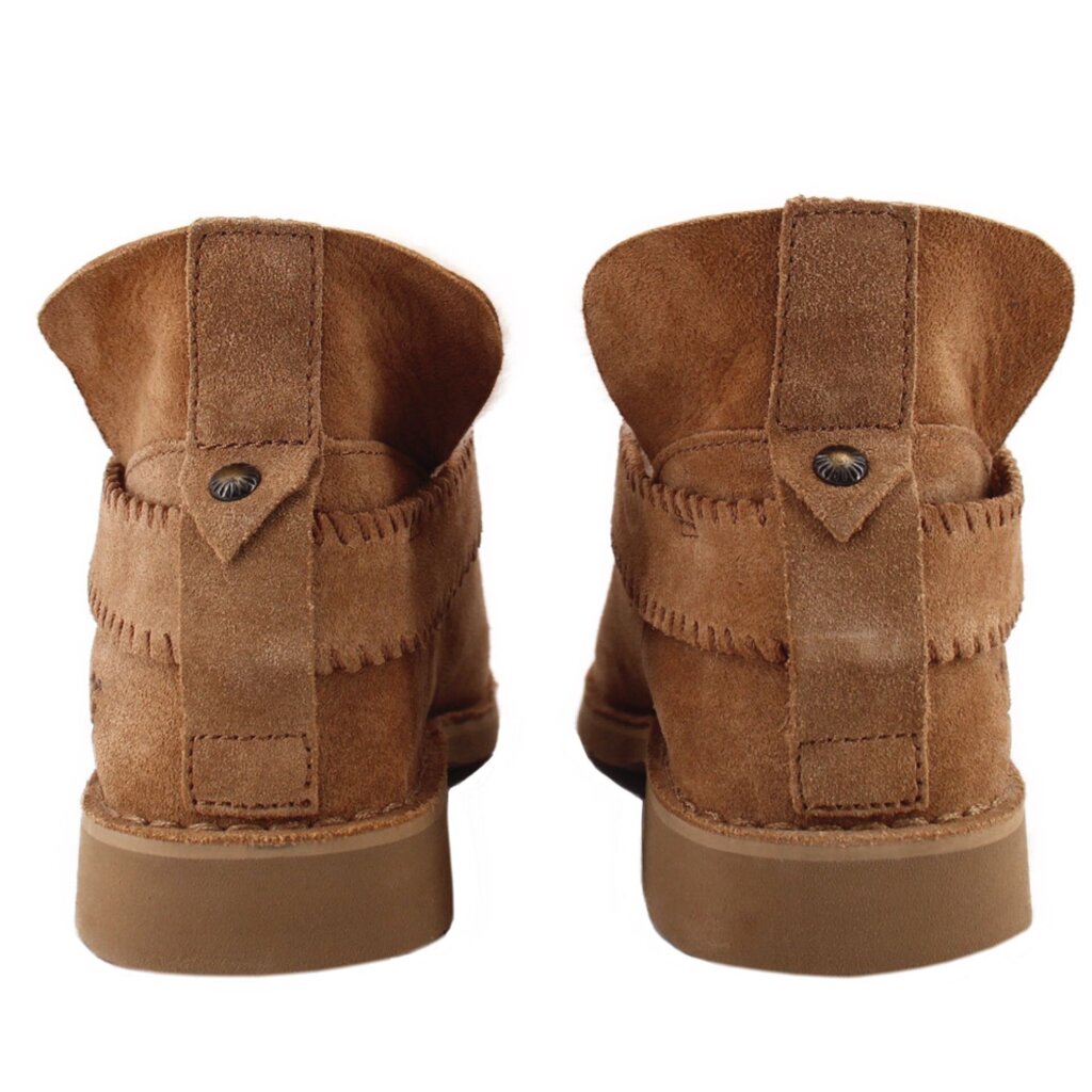 Pair of brown suede booties shown from the back, with heel pull tabs and stitched cuffs