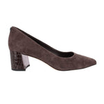 Brown suede pointed-toe pump with a glossy embossed block heel