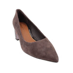 Donald Pliner Suzette brown suede pump with pointed toe and block heel