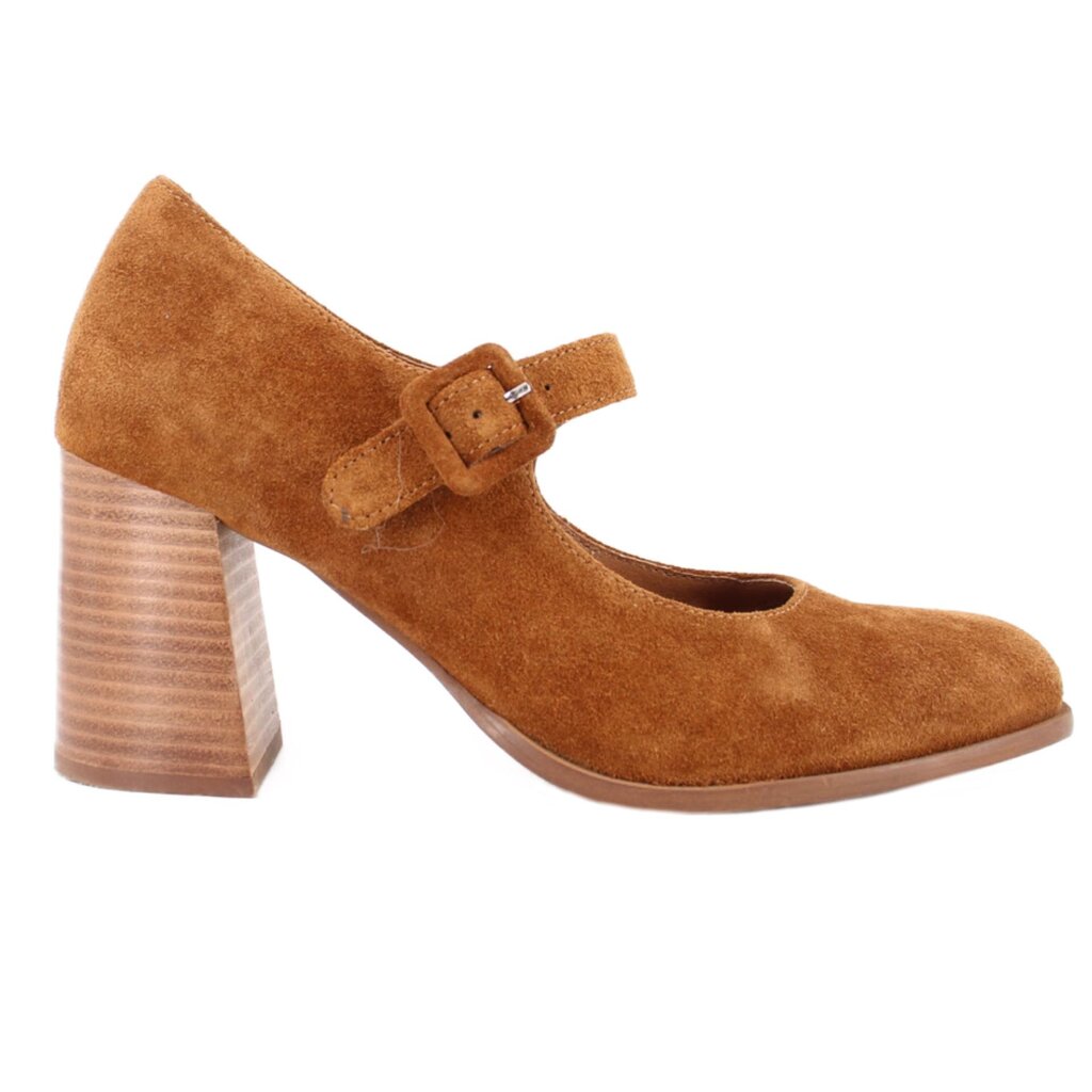 Brown suede Mary Jane heel with adjustable buckle strap and tall block heel, side view