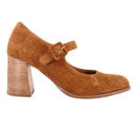 Brown suede Mary Jane heel with adjustable buckle strap and tall block heel, side view