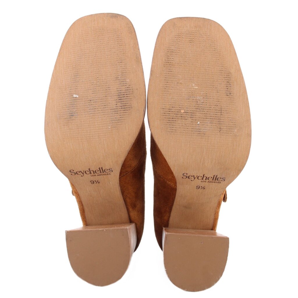 Pair of Mary Jane heels showing tan soles, block heel caps, and Seychelles branding