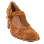Brown suede Mary Jane heel with buckle strap and block heel, front three-quarter view